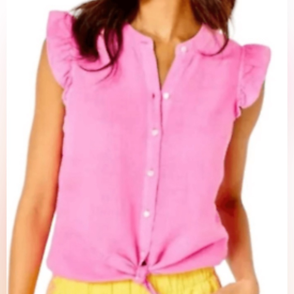 Lilly Pulitzer Briette Button Down Top Blouse Linen Ruffles size medium